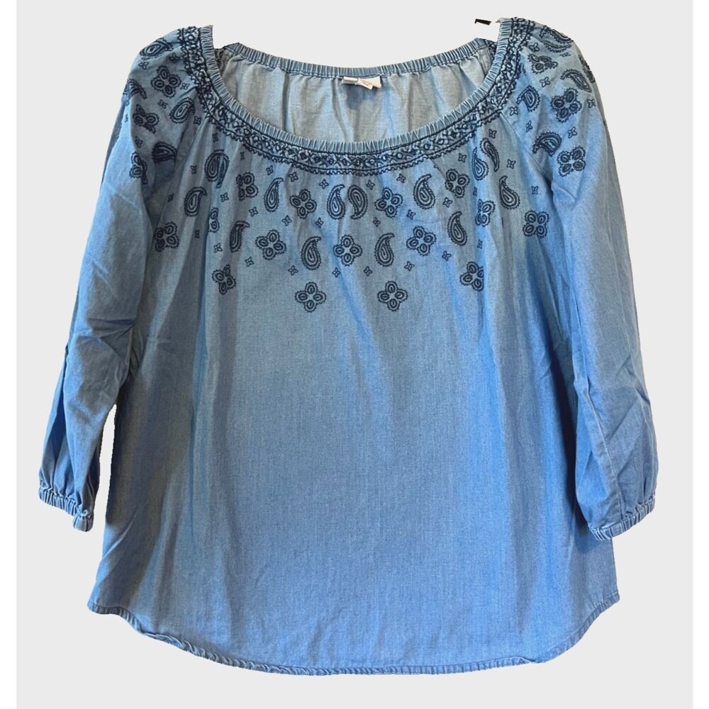 St. Johns Bay Ladies vintage Off/On Shoulders Peasant Top Soft Denim Size Large